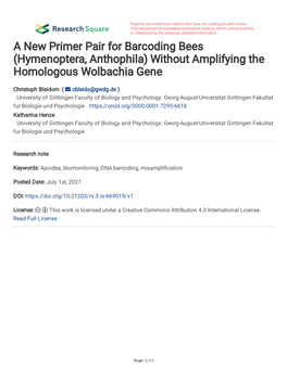 A New Primer Pair for Barcoding Bees (Hymenoptera, Anthophila) Without Amplifying the Homologous Wolbachia Gene