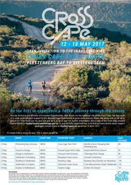 Open Invitation to the Inaugural Ride Cross Cape Cycle Route Plettenberg Bay to Stellenbosch