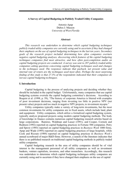 A Survey of Capital Budgeting in Publicly Traded Utility Companies