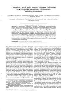 Control of Larval Aedes Aegypti (Diptera: Culicidae) by Cyclopoid Copepods in Peridomestic Breeding Containers