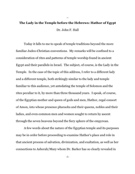 The Lady in the Temple Before the Hebrews: Hathor of Egypt