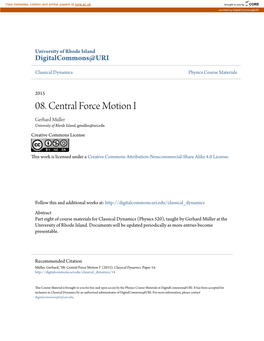 08. Central Force Motion I Gerhard Müller University of Rhode Island, Gmuller@Uri.Edu Creative Commons License
