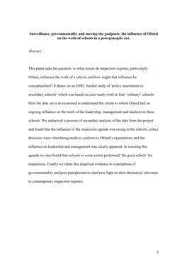 1 Surveillance, Governmentality and Moving the Goalposts: the Influence of Ofsted on the Work of Schools in a Post-Panoptic Era