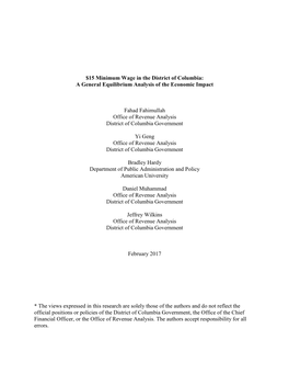 $15 Minimum Wage in the District of Columbia: a General Equilibrium Analysis of the Economic Impact