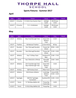 Sports Fixtures - Summer 2017 April