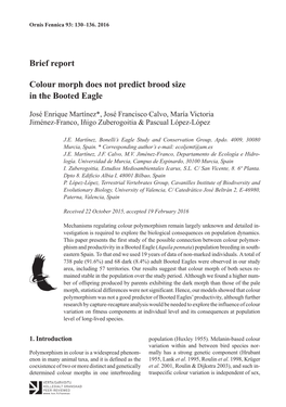 Brief Report Colour Morph Does Not Predict Brood Size in the Booted Eagle