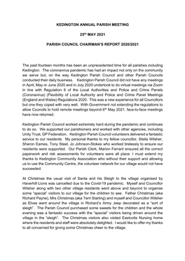 KEDINGTON ANNUAL PARISH MEETING 25Th MAY 2021 PARISH COUNCIL CHAIRMAN's REPORT 2020/2021 the Past Fourteen Months Has Been An