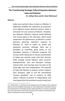 The Transforming Strategic Cultural Equation Between India and Pakistan the Transforming Strategic Cultural Equation Between India and Pakistan Dr