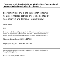 Scottish Philosophy in the Eighteenth Century : Volume I : Morals, Politics, Art, Religion Edited by Aaron Garrett and James A