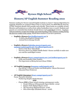 Byrnes High School Honors/AP English Summer Reading 2021