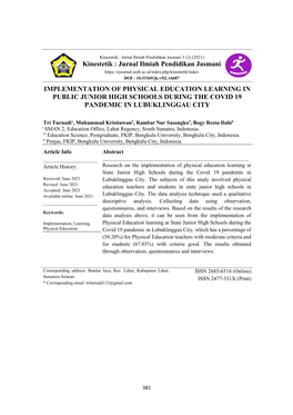 Kinestetik : Jurnal Ilmiah Pendidikan Jasmani IMPLEMENTATION of PHYSICAL EDUCATION LEARNING in PUBLIC JUNIOR HIGH SCHOOLS DURING