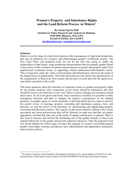 Women's Property and Inheritance Rights and the Land Reform Process in Malawi