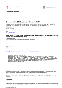 De Novo Variants in CDK13 Associated with Syndromic ID/DD; Molecular and Clinical Delineation of 15 Individuals and a Further Re