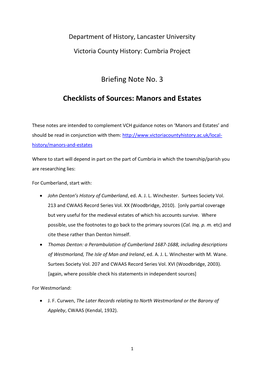 Briefing Note No. 3 Checklists of Sources: Manors and Estates