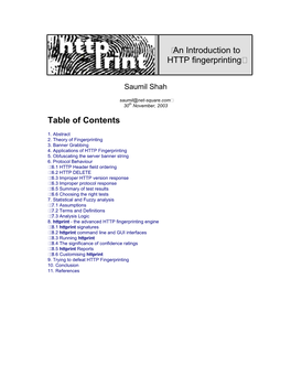 An Introduction to HTTP Fingerprinting Table of Contents