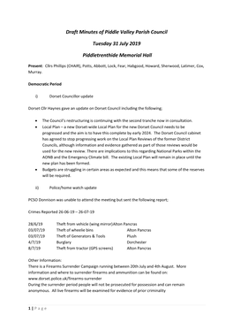 Draft Minutes of Piddle Valley Parish Council Tuesday 31 July 2019