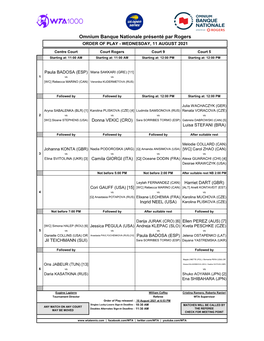 Omnium Banque Nationale Présenté Par Rogers ORDER of PLAY - WEDNESDAY, 11 AUGUST 2021