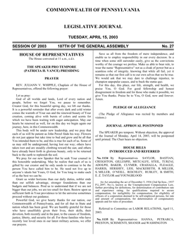 Commonwealth of Pennsylvania Legislative Journal