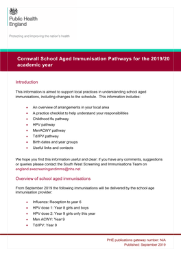 Cornwall School Aged Immunisation Pathways for the 2019/20 Academic Year