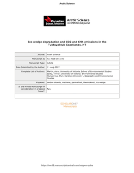 Ice Wedge Degradation and CO2 and CH4 Emissions in the Tuktoyaktuk Coastlands, NT