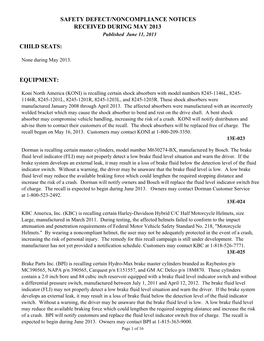 Child Seats: Equipment: Safety Defect/Noncompliance Notices Received During May 2013