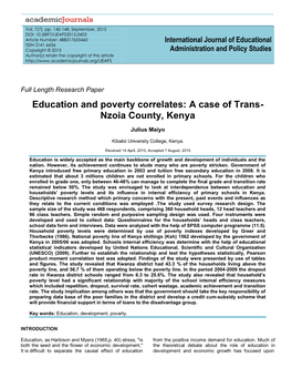 Education and Poverty Correlates: a Case of Trans- Nzoia County, Kenya