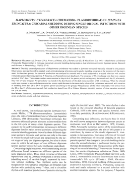 Haplometra Cylindracea (Trematoda: Plagiorchiidae) in Lymnaea Truncatula: Cercarial Shedding During Single Or Dual Infections with Otherdigenean Species