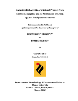 Antimicrobial Activity of a Natural Product from Callistemon Rigidus and Its Mechanism of Action Against Staphylococcus Aureus