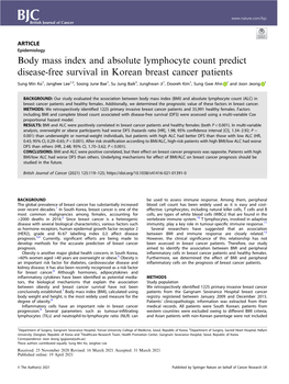 Body Mass Index and Absolute Lymphocyte Count Predict Disease-Free Survival in Korean Breast Cancer Patients