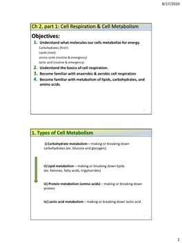 Ch 2, Part 1: Cell Respiration & Cell Metabolism