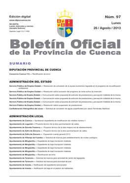 Boletín Oficial De La Provincia De Cuenca Sumario Diputación Provincial De Cuenca