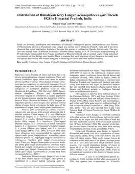 Distribution of Himalayan Grey Langur, Semnopithecus Ajax, Pocock 1928 in Himachal Pradesh, India