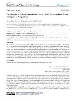 The Meaning of Life and Death in the Eyes of Frankl: Archetypal and Terror Management Perspectives