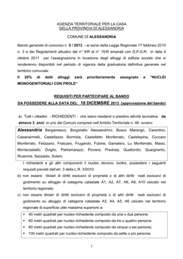 1 AGENZIA TERRITORIALE PER LA CASA DELLA PROVINCIA DÌ ALESSANDRIA COMUNE DÌ ALESSANDRIA Bando Generale Di Concorso N. 5 / 20