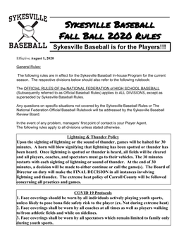 Sykesville Baseball Fall Ball 2020 Rules Sykesville Baseball Is for the Players!!!