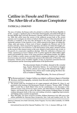 Catiline in Fiesole and Florence: the After-Life of a Roman Conspirator