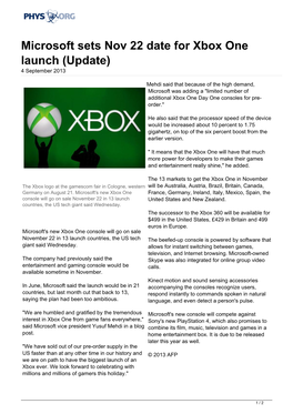 Microsoft Sets Nov 22 Date for Xbox One Launch (Update) 4 September 2013