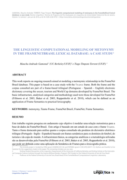 The Linguistic-Computational Modeling of Metonymy in the Framenetbrasil Lexical Database: a Case Study1