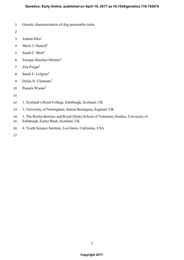 Genetic Characterisation of Dog Personality Traits