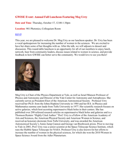 GWISE Event: Annual Fall Luncheon Featuring Meg Urry