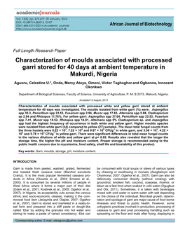 Characterization of Moulds Associated with Processed Garri Stored for 40 Days at Ambient Temperature in Makurdi, Nigeria