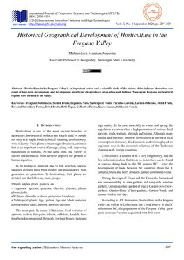 Historical Geographical Development of Horticulture in the Fergana Valley