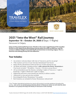 Rail Journey September 18 – October 24, 2020 (8 Days / 7 Nights) Vancouver to Calgary