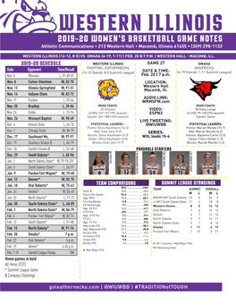 WESTERN ILLINOIS 2019-20 WOMEN’S BASKETBALL GAME NOTES Athletic Communications • 213 Western Hall • Macomb, Illinois 61455 • (309) 298-1133