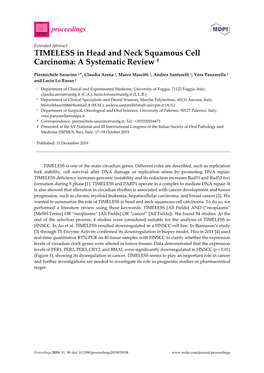 TIMELESS in Head and Neck Squamous Cell Carcinoma: a Systematic Review †