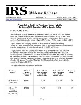Phase-Out of Credit for Toyota and Lexus Hybrids Continues with Reporting of First Quarter Sales