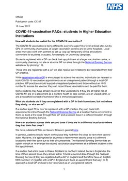 COVID-19 Vaccination Faqs: Students in Higher Education Institutions