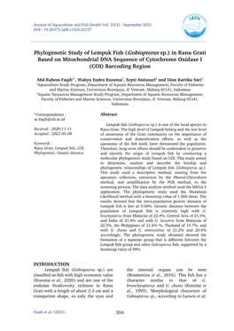 Phylogenetic Study of Lempuk Fish (Gobiopterus Sp.) in Ranu Grati Based on Mitochondrial DNA Sequence of Cytochrome Oxidase I (COI) Barcoding Region