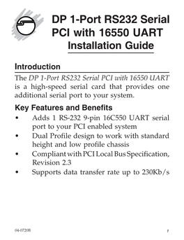 DP 1-Port RS232 Serial PCI with 16550 UART Installation Guide