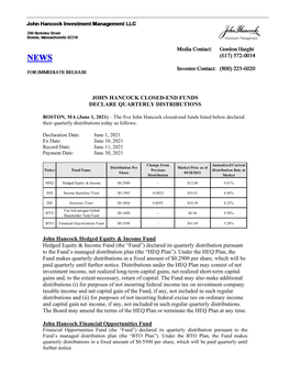 John Hancock Closed-End Funds Declare Quarterly Distributions